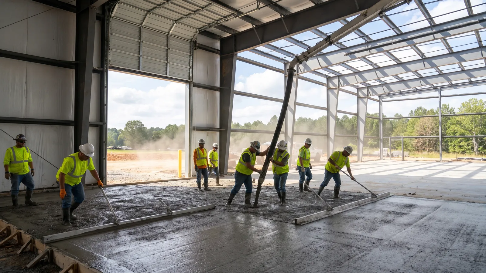 Crew pouring and screeding a large commercial warehouse floor slab inside a steel-framed industrial building near Greer, South Carolina