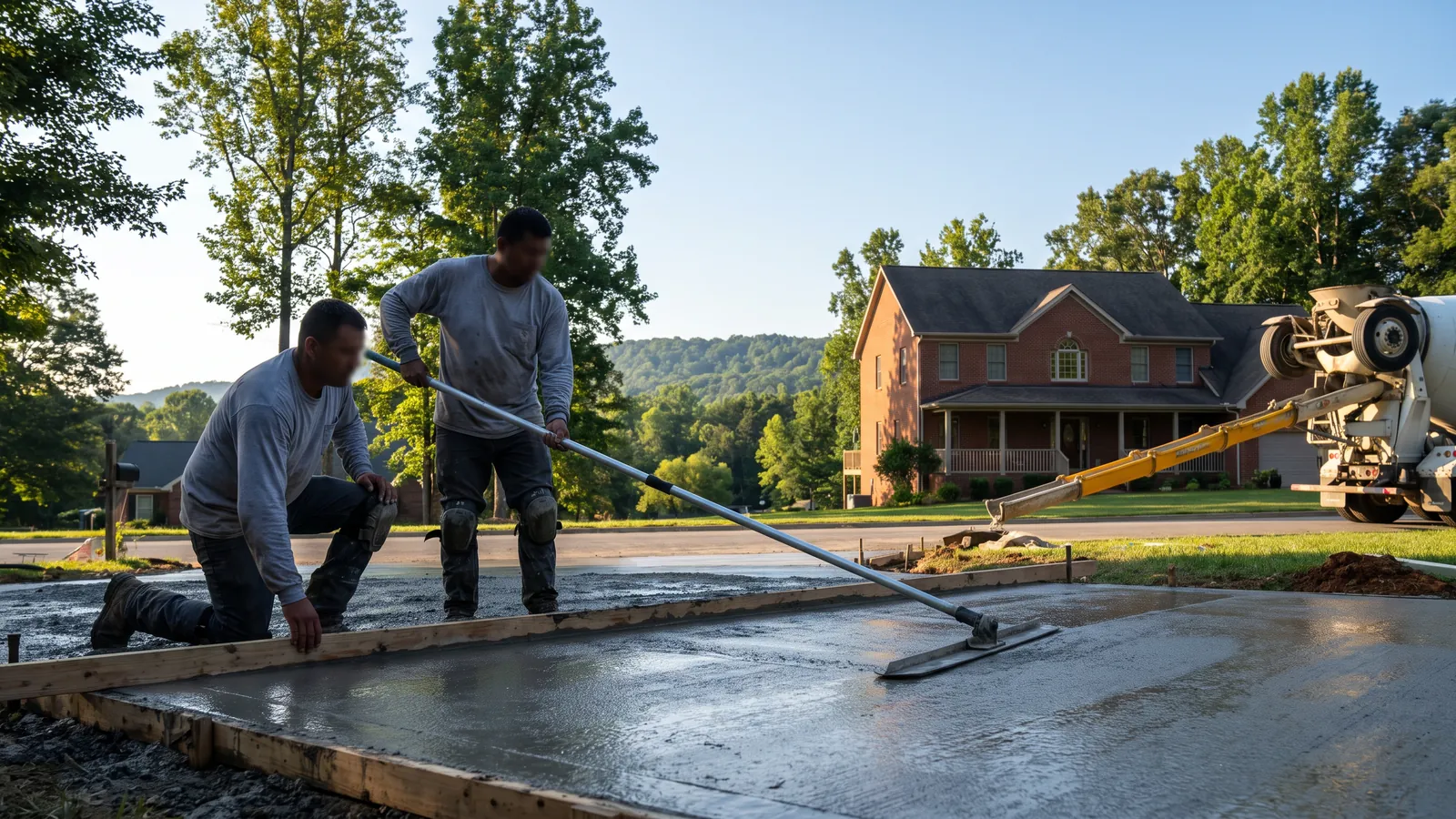 Concrete finishers running a bull float over a freshly poured driveway in front of a brick two-story home in Greer, South Carolina, with hardwoods and a Piedmont ridge line behind