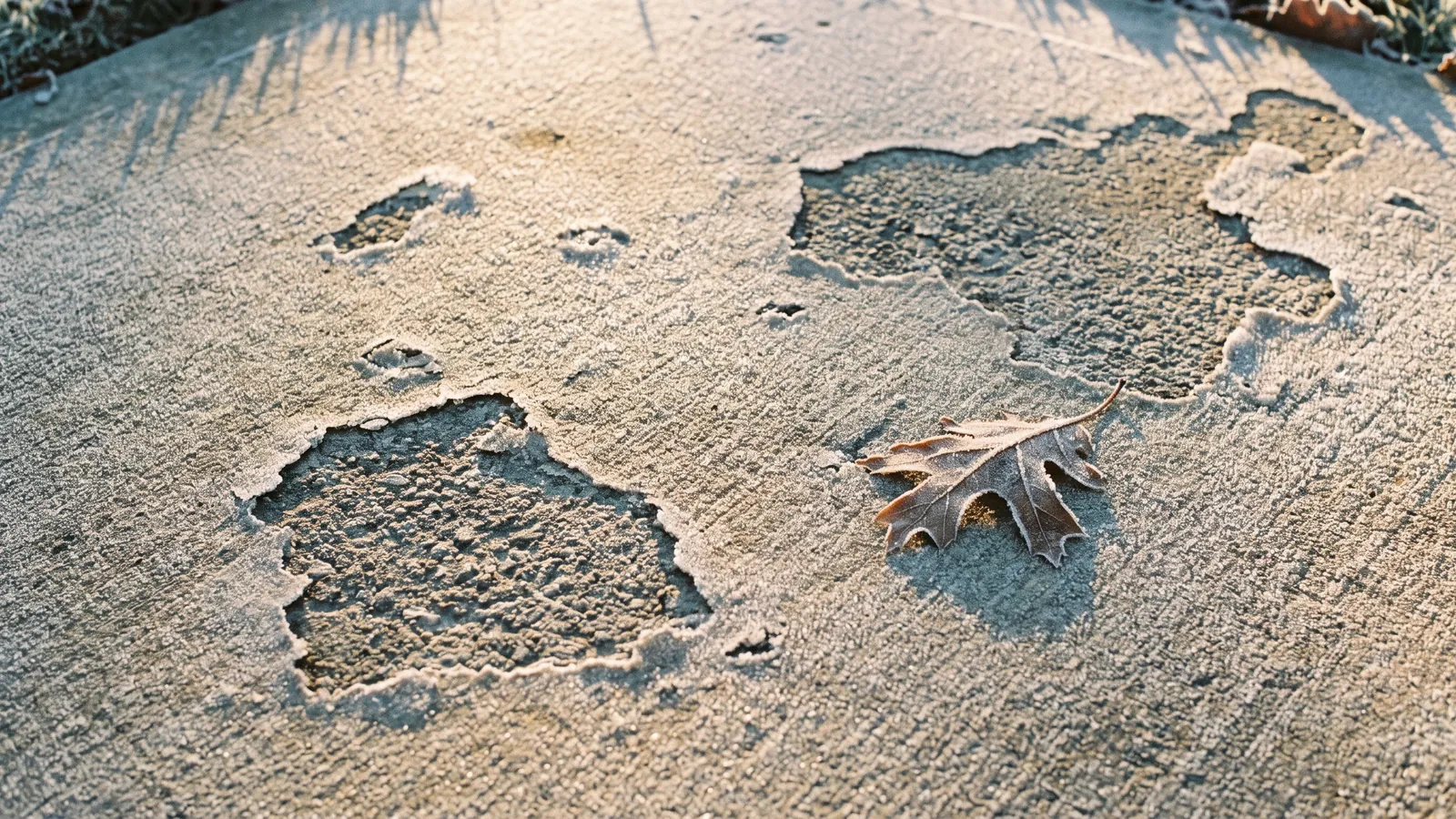 Concrete patio surface with frost and patches of scaling where the top layer has flaked away on a cold winter morning in South Carolina