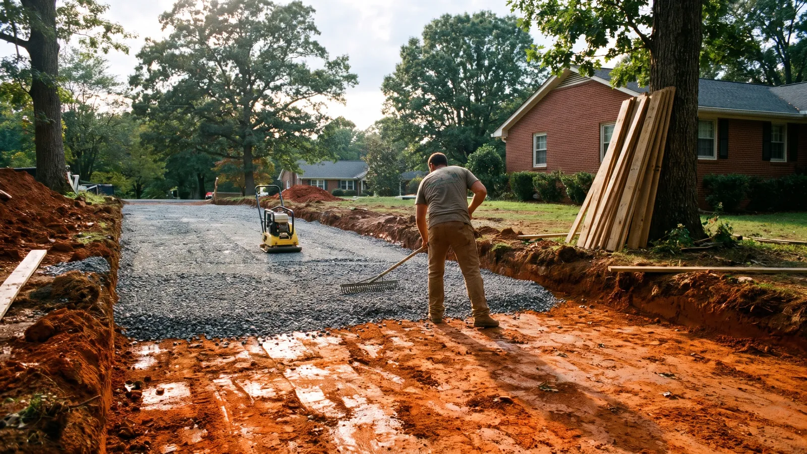 Excavated driveway bed showing bright red Piedmont clay with a layer of compacted crushed stone being spread over it before concrete is poured