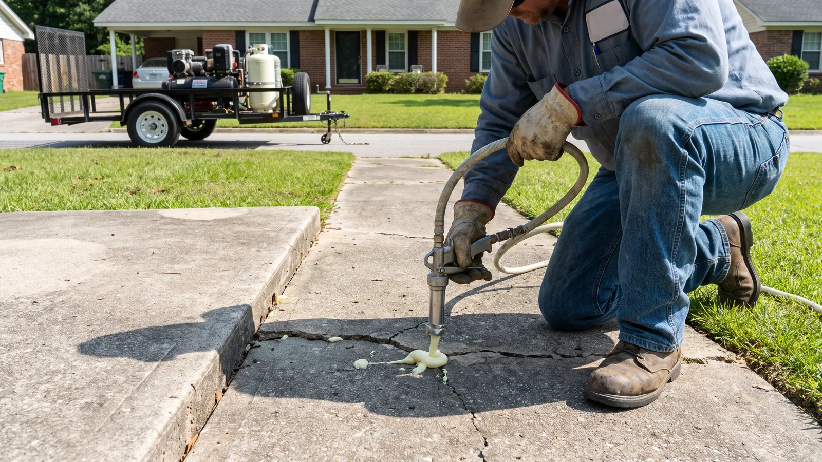 Technician injecting polyurethane foam through small holes to lift a sunken concrete walkway slab back level with its neighbor
